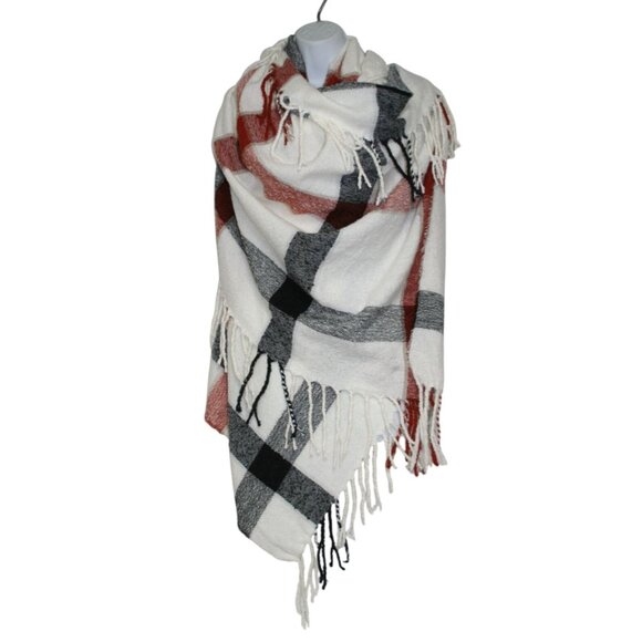 Free People Accessories - Free People Ivory Valley Plaid Fringe Scarf - 30 in x 81 in
